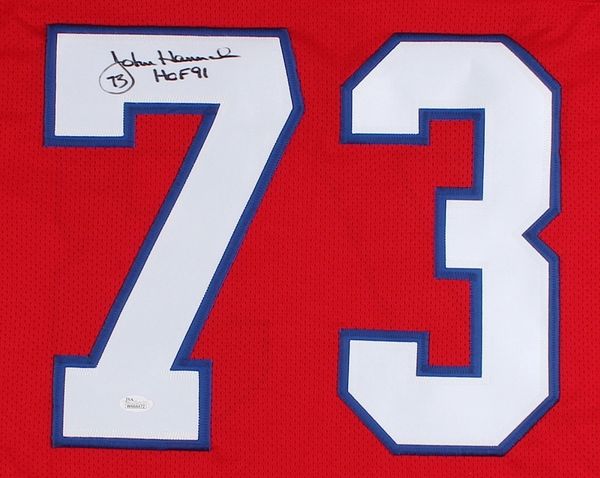 New England Patriots John Hannah Signed Red Throwback Jersey w/HOF