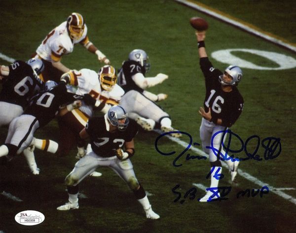 Jim Plunkett Oakland Raiders Autographed 8 x 10 Photo, inscribed SB XV  MVP, JSA COA