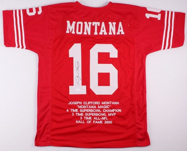 Joe Montana Autographed San Francisco 49ers Stat Jersey, JSA COA