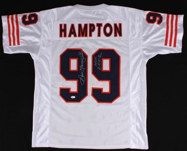 Autographed/Signed Dan Hampton HOF 2002 Chicago White Football Jersey JSA COA 