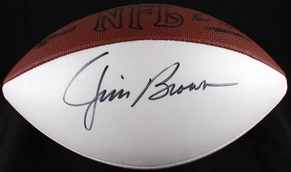 Official white-panel NFL Wilson football, autographed by Jim Brown  (Cleveland Browns) in black felt tip pen. Includes Official James Spence  Authentication (JSA) hologram and matching COA for authenticity purposes.