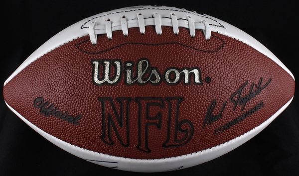 Official white-panel NFL Wilson football, autographed by Jim Brown  (Cleveland Browns) in black felt tip pen. Includes Official James Spence  Authentication (JSA) hologram and matching COA for authenticity purposes.