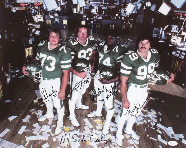 Sack Exchange autographed Jersey (New York Jets) signed by Mark Gastineau,  Abdul Salaam, Joe Klecko, & Marty Lyons