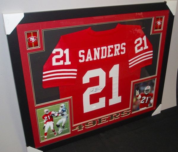 Deion Sanders Autographed and Framed Red 49ers Jersey Auto JSA COA