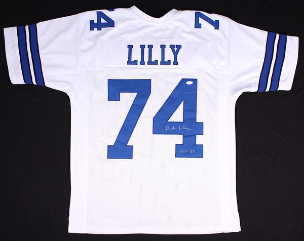 Bob Lilly Autographed Dallas Cowboys Custom Jersey Inscribed HOF 80