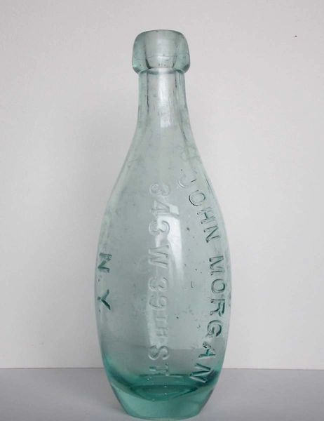 SOLD - Blob Top Ten Pin Club Shaped Soda Bottle embossed JOHN MORGAN