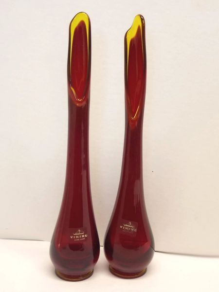 Matching PAIR Viking Glass RED Amberina 11 ½” vases