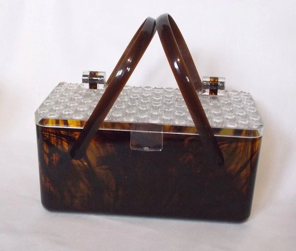 Merle Norman Mock Tortoise Shell Lucite Cosmetic Purse Bag  Woolman Estates  - Providing Antiques, Collectibles, & Uniques