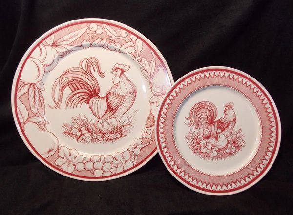 2 pc. Haldon Group Rooster RED Toile Plates – 11” Dinner, 8 ½” Salad