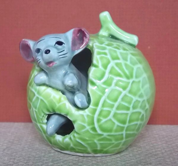 1960's Enesco Japan Green Apple with Grey Mouse