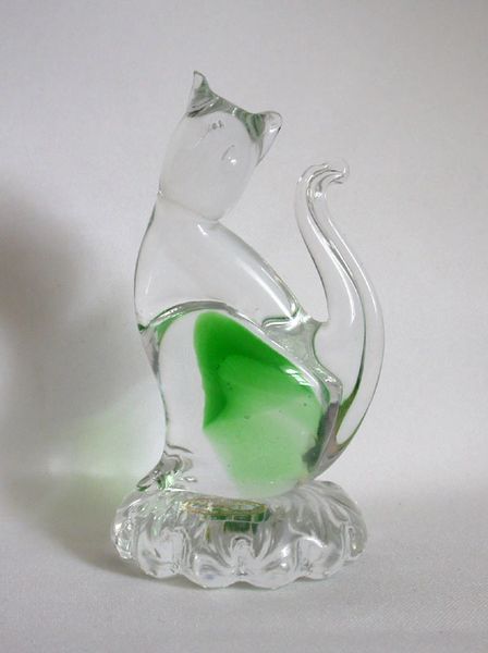 Murano ICET Handblown Art Glass Summerso Clear & Green Cat