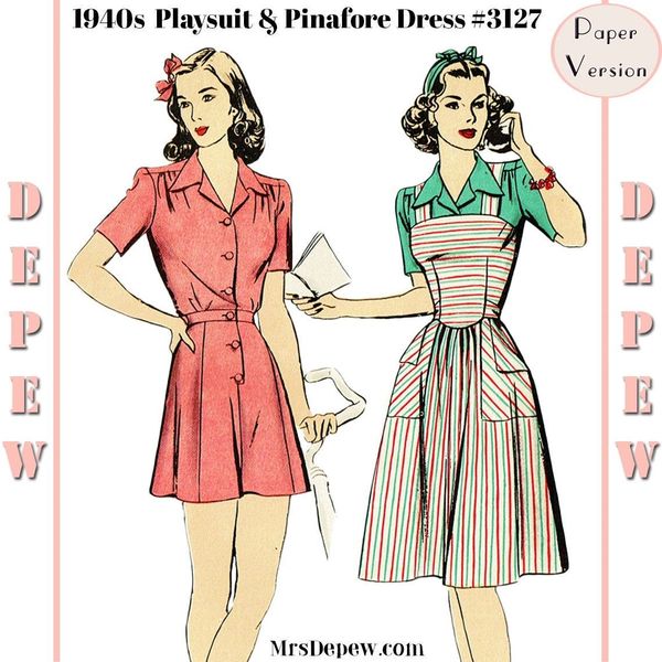 1940s Wartime Shirt Dress with Pockets PDF Sewing Pattern Bust 34