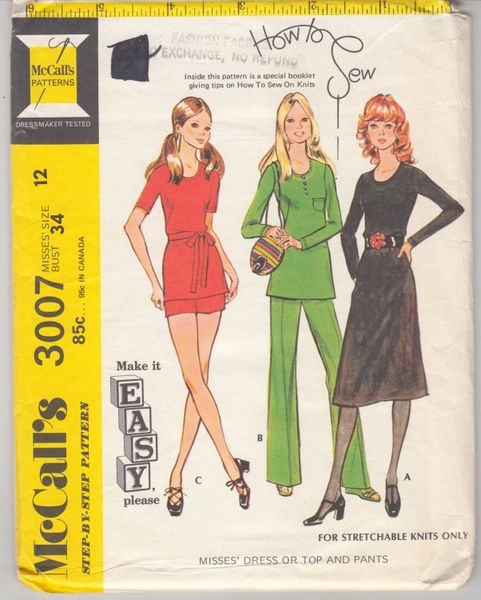 Vintage Sewing Pattern 1970's Dress, Blouse, Pants 7 Shorts