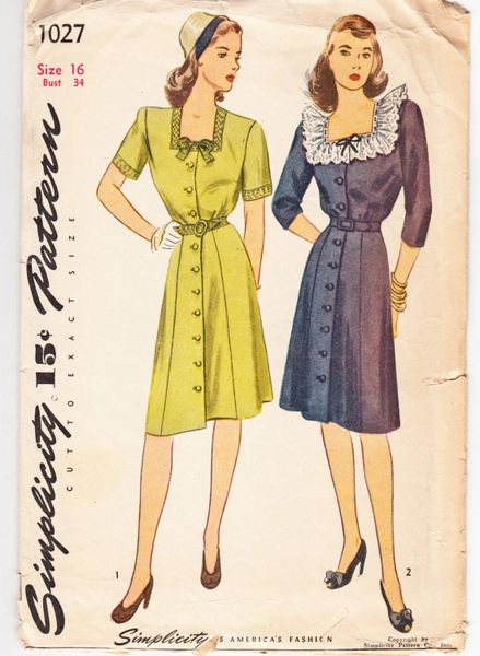 Vintage Sewing Pattern Simplicity 1027 Ladies' Dress 1940's 34 Bust FF