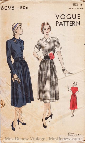 Original Vintage Sewing Pattern 1940s Vogue 6098 One Piece Dress 34 Bust