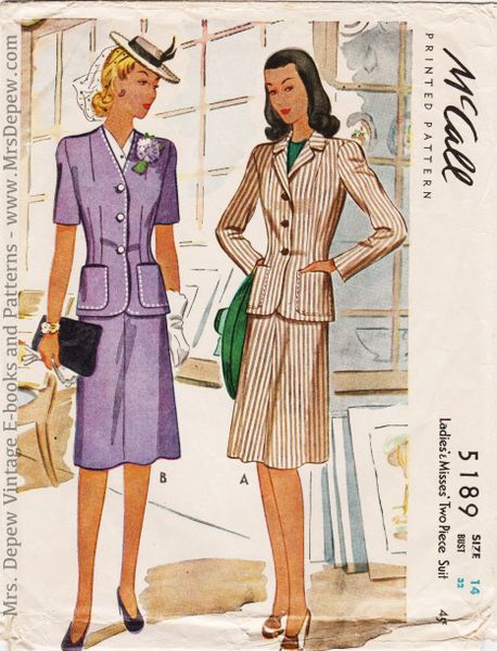 Original Vintage Sewing Pattern Ladies' 1940s Two-Piece Suit