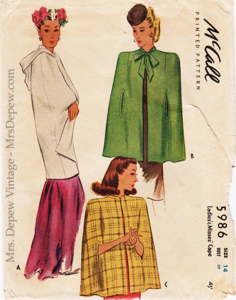 Vintage Sewing Pattern Ladies' 1940s Evening and Day Cape Wrap with Hood  McCall 5986 32 Bust ORIGINAL