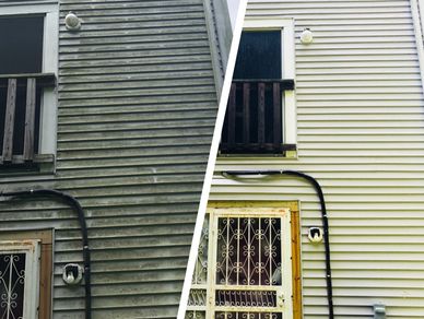 Side-by-side comparison of a house's exterior before and after cleaning.