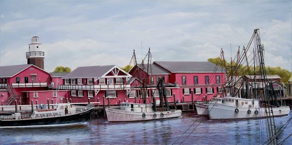 RB's AND THE LIGHTHOUSE, 16"x 32" gicle'e high rez canvas print signed and dated by artist. the original painting was selected for entry into the Coos Bay Art Museum western exhibition 2019
