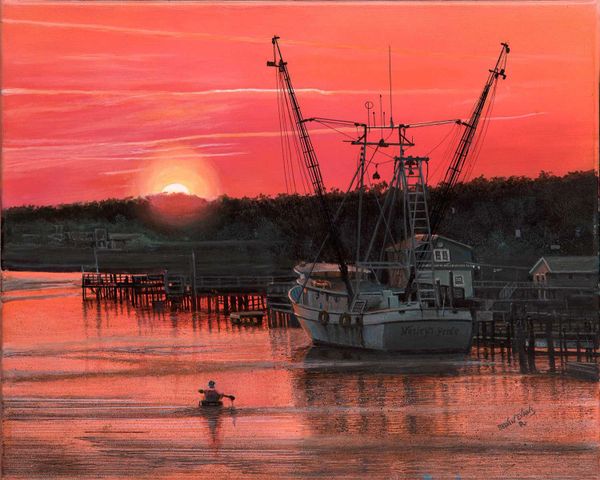 WESLEYS PRIDE AND THE SUN SET KAYAKER . 16"x 20" gicle'e high rez canvas print signed and dated by artist. original was juried into the Coos Bat Art Museum in2019
