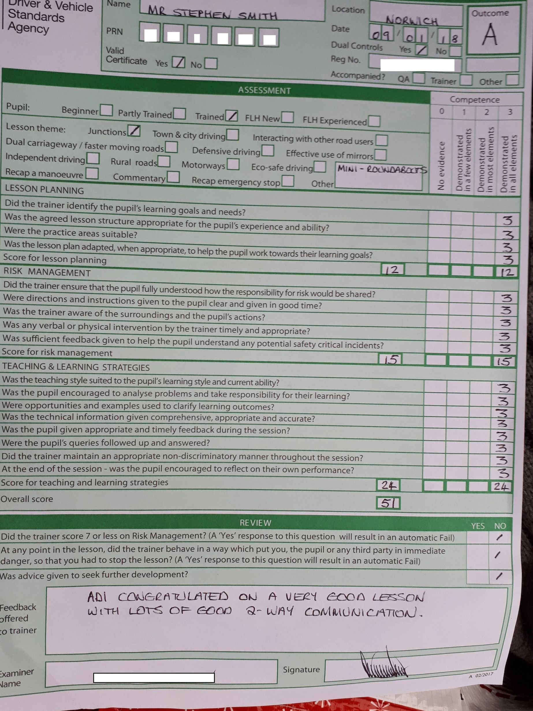 ADI Part 3 test sheet. Client Centered Learning Pass with a Grade A. Top grade driving instructor.