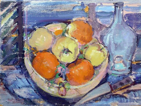 #213.1 Fruit Bowl And Bottle - 24"x18", Limited edition reproduction on stretched canvas, framed
