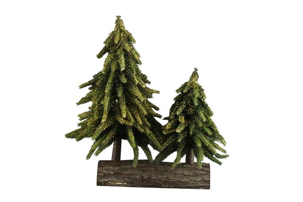 Green Fur Gold Glitter Trees on wooden base