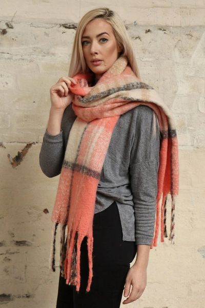 Pink Cream Traditional Check Tasselled Blanket Scarf