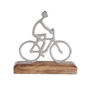 Silvered metal cyclist on wooden base