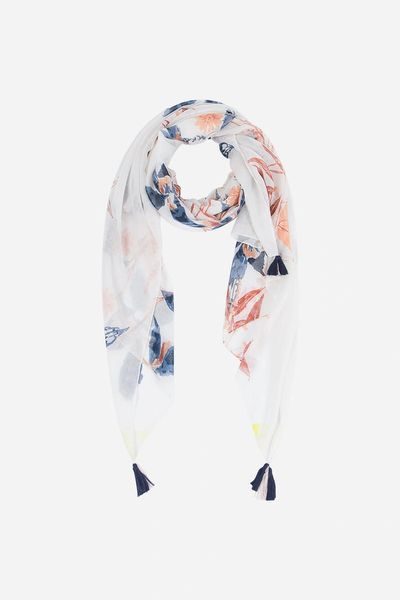 White Blue Large Painted Floral Scarf
