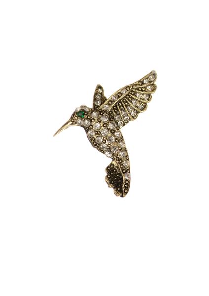 Hummingbird Hovering Brooch - antique gold with clear crystals