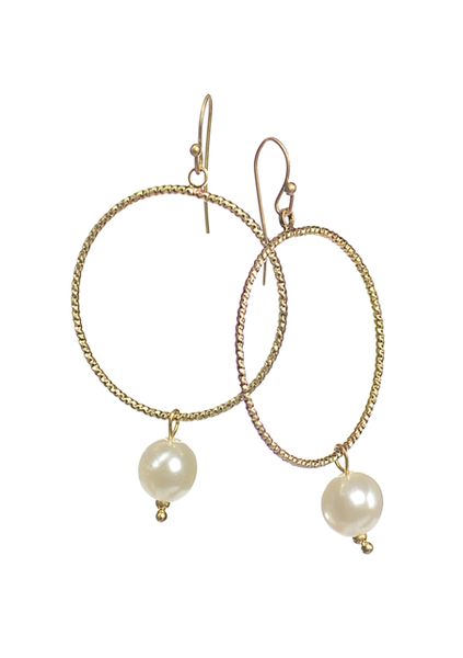 Pearl Drop on Wire Hoop - Nat / Gold