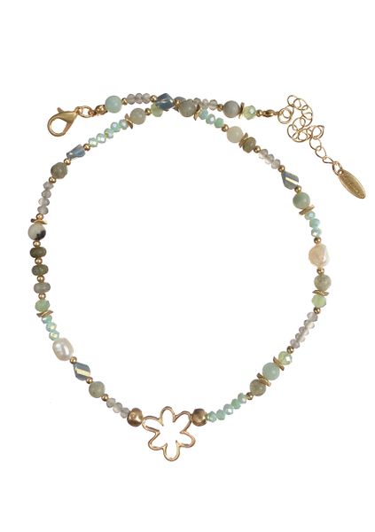 Aqua Stone & Pearl Necklace with Flower Charm - worn gold