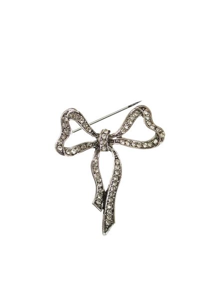 Beau Ribbon Bow brooch - Ant Silver W/Clear Crystal