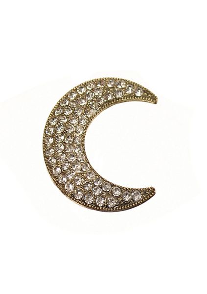 Vintage Crescent Moon Brooch - Antique Gold / Clear Crystals