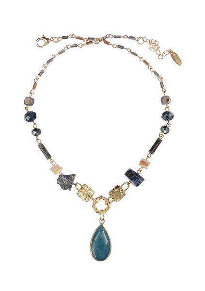 Foil & Stone W/Facetted Teardrop necklace - Blue / Gold