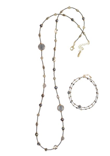 Long or Dble-Up necklace - Stone/Pearl/Crystal - Grey & Gold