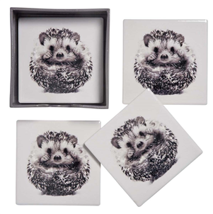 Set of 4 ceramic hedgehog coasters in holder