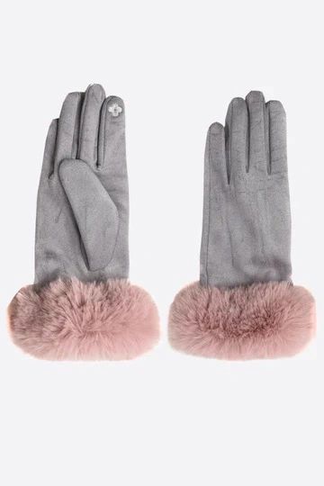 4026MGDP Medium Grey Dusty Pink Faux Fur Trim Gloves