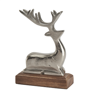 Kneeling aluminium stag on wooden base