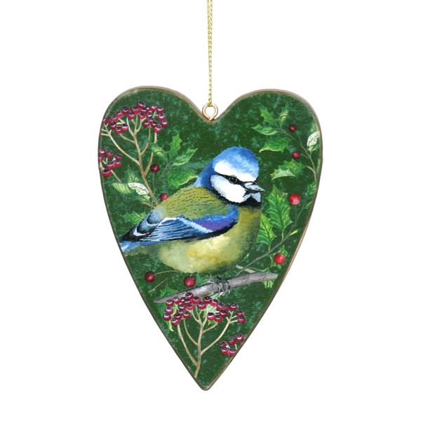 Blue Tit / Berries Wooden Heart Decoration