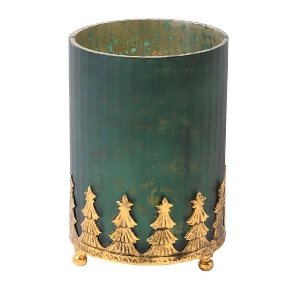 Green Candle holder with gold Christmas Trees