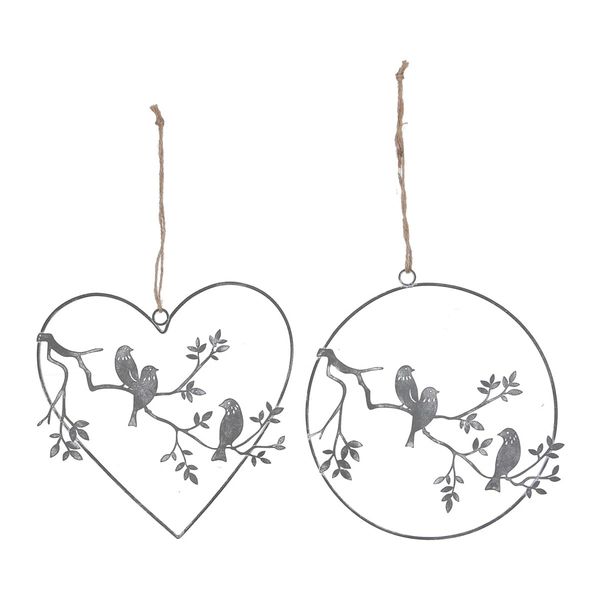 Grey metal birds in heart or ring 8cm - choose