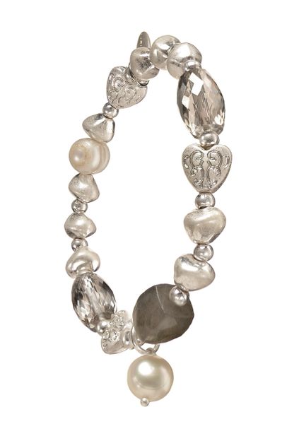 Rococo Heart W/Pearl, Stone & Facet Beads - Silver Bracelet
