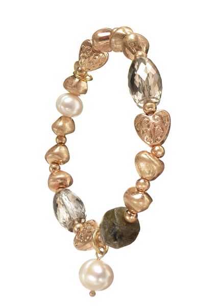 Rococo Heart W/Pearl, Stone & Facet Beads - Gold Bracelet