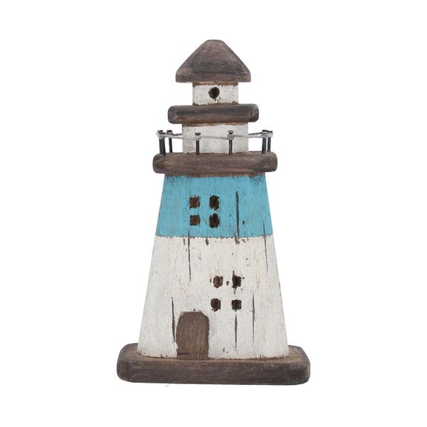Rustic Wood Blue Stripe Lighthouse Decoration 19cm