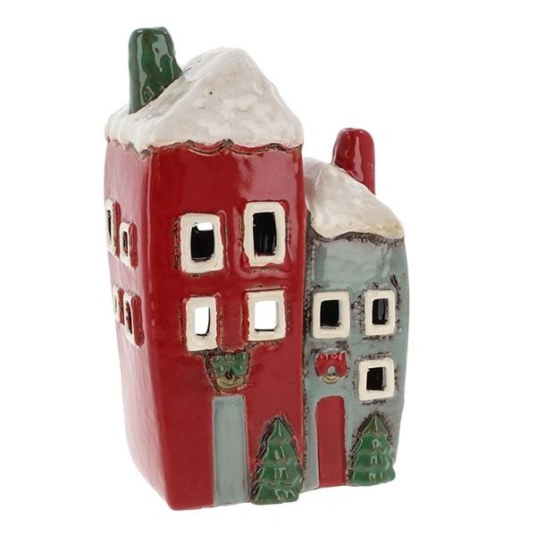 Village Pottery Xmas Red/Grey Two House Tealight