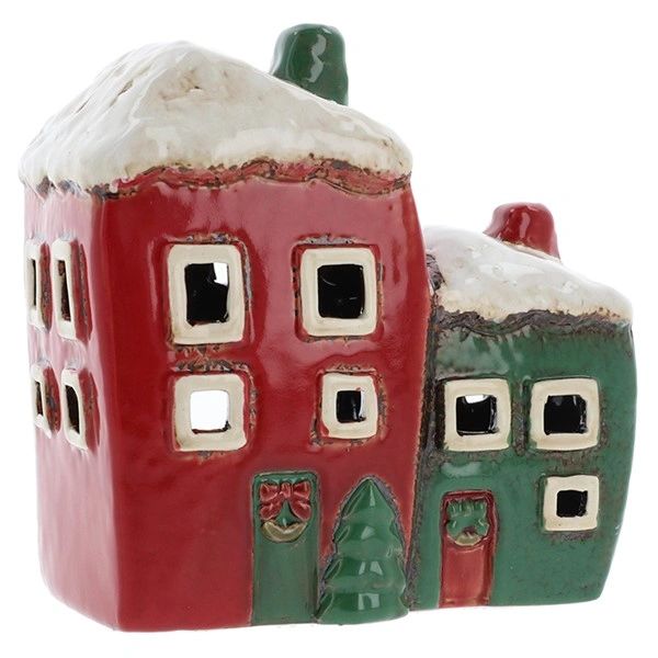 Village Pottery Xmas Red/Green Two House Tealight
