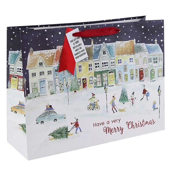 Christmas White Kraft Village Gift Bag - choose size