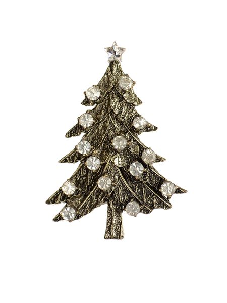 Star Topped Forest Pine Brooch - Antique Gold / Clear